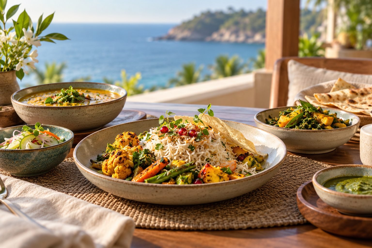 Freshly prepared vegetarian food in a calm dining setting